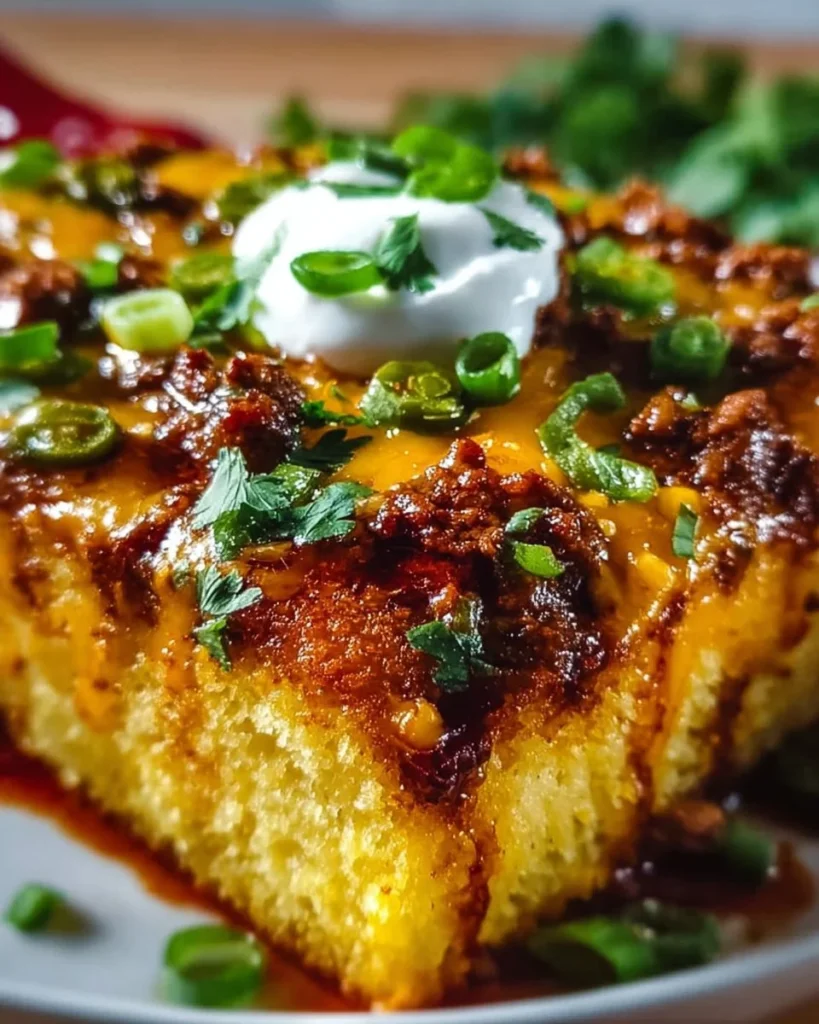Loaded Chili Cheese Cornbread Bake topped with cheese and chili.