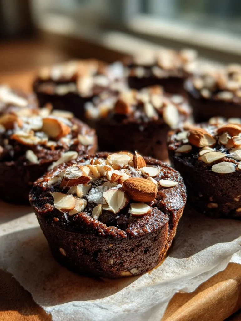 Delicious almond ricotta brownie bites topped with cocoa and almonds.
