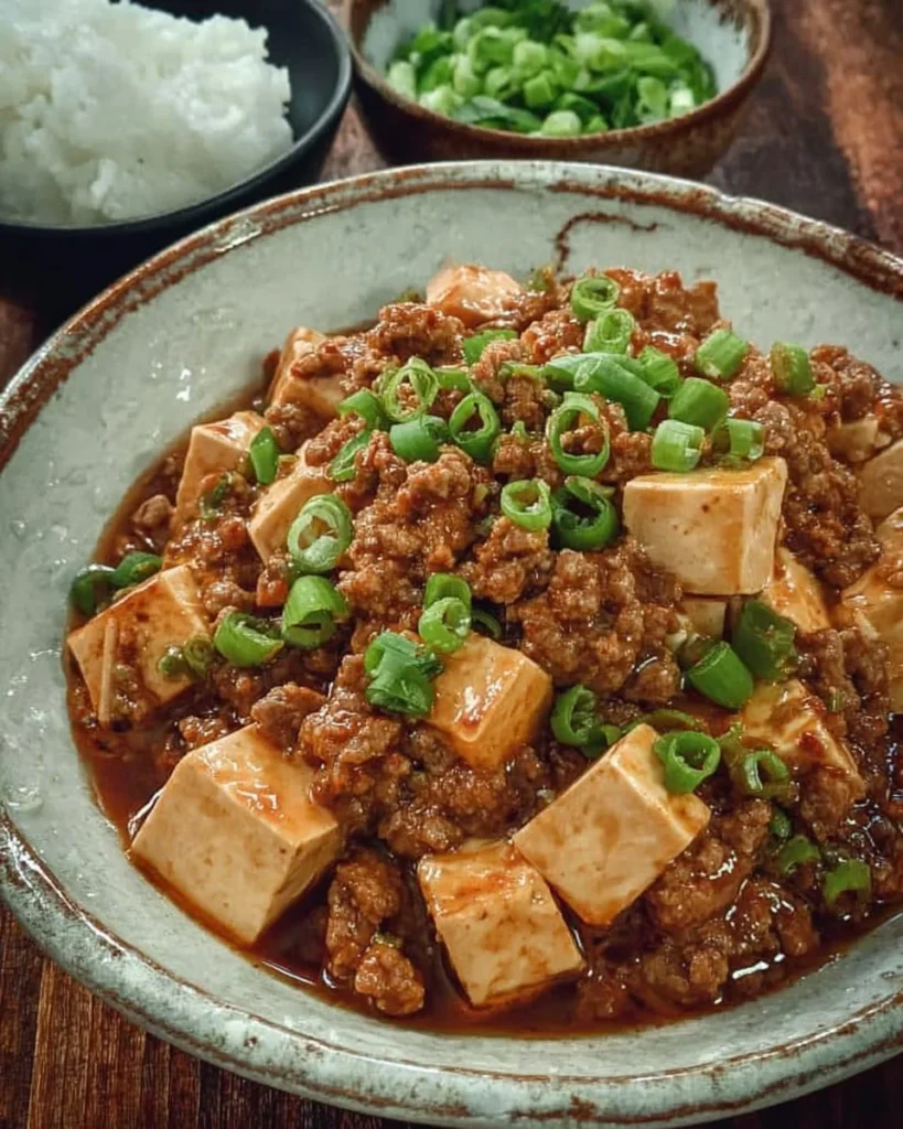 Delicious minced meat tofu dish served in a bowl with herbs and spices