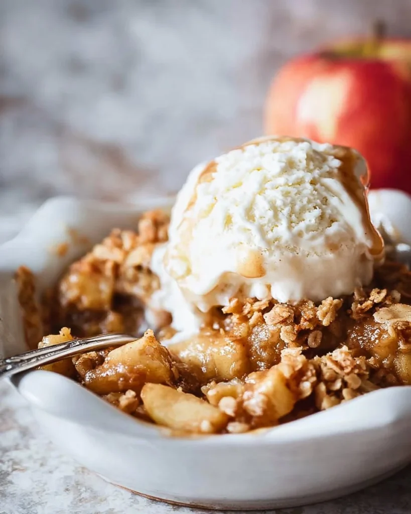 Delicious homemade Old Fashioned Easy Apple Crisp topped with oats and cinnamon.