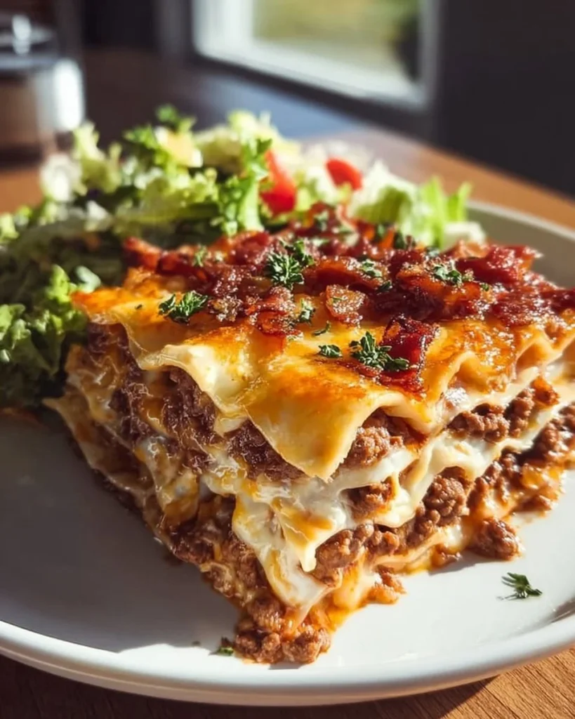 Delicious parmesan garlic bacon cheeseburger lasagna layered with cheese and flavors.