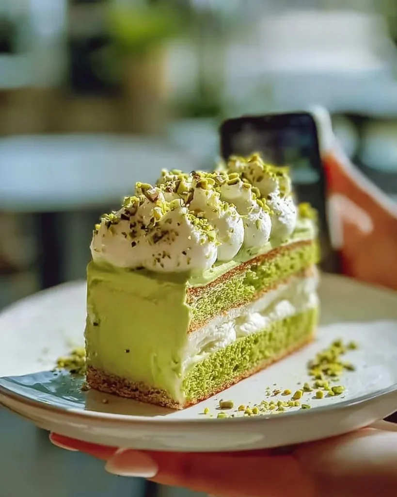 Delicious Pistachio Cream Cake topped with cream and nuts