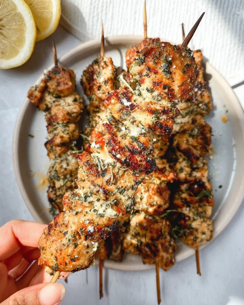 Ranch Garlic Parmesan Chicken Skewers served on a wooden platter