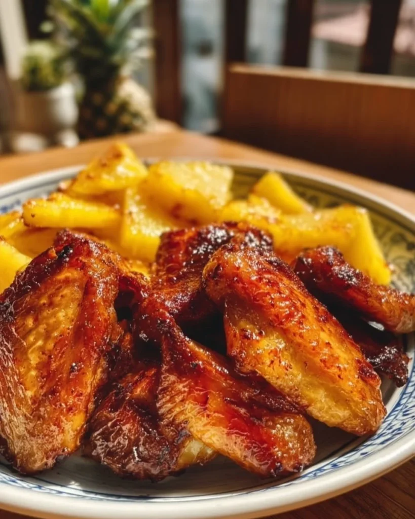 Roasted chicken wings served with fresh pineapple on a plate