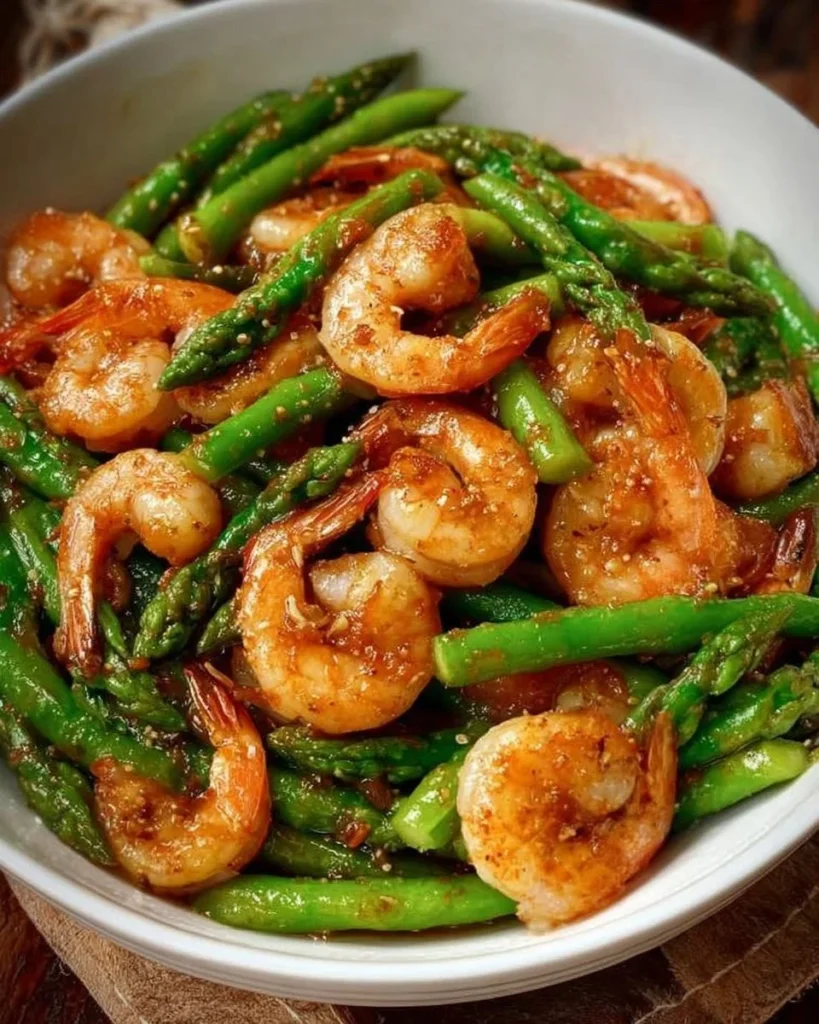 Delicious shrimp and asparagus stir-fry served in a colorful dish