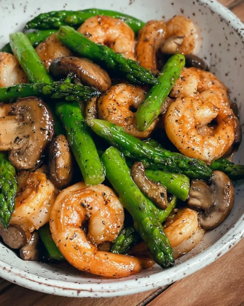 Shrimp and asparagus stir-fry with sliced mushrooms in a skillet, ready to be served.