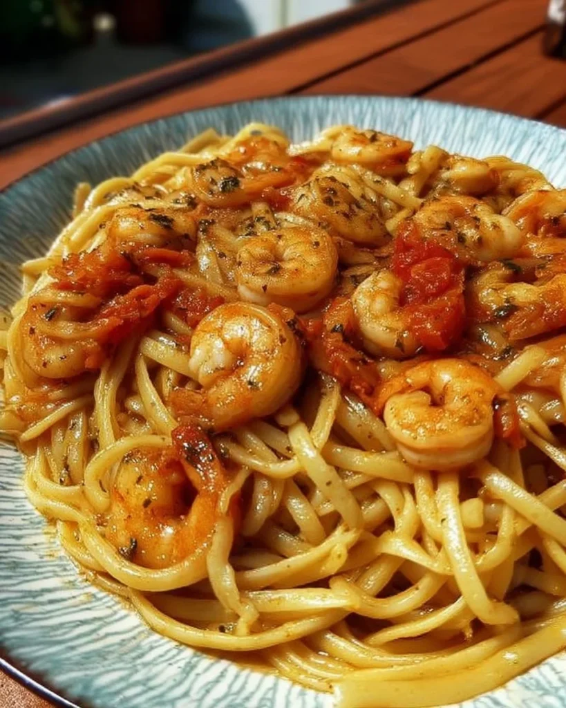 Delicious shrimp pasta on a plate with herbs and garlic