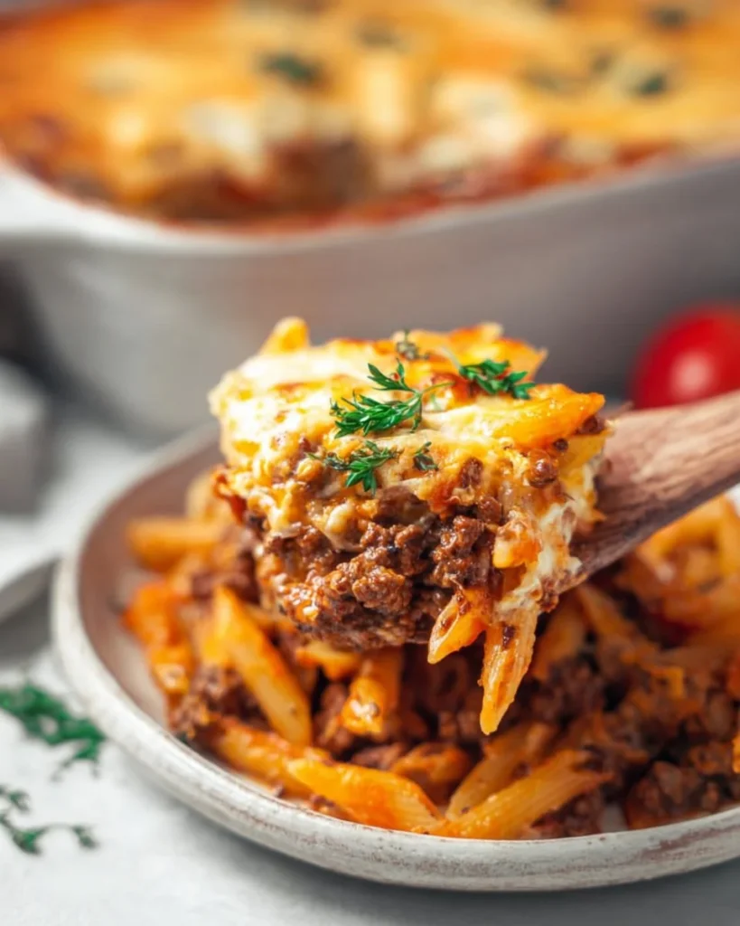 Delicious homemade simple ground beef casserole served in a dish.
