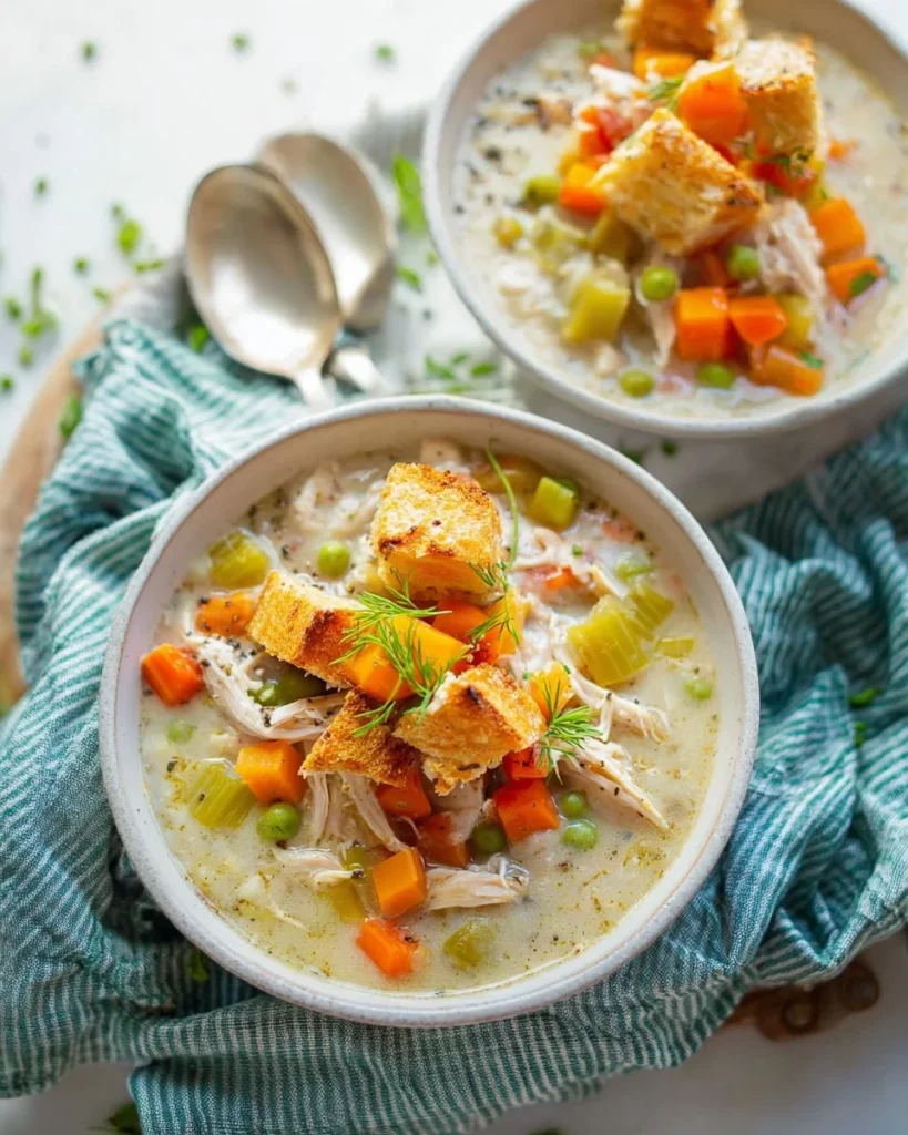 Bowl of creamy slow cooker chicken pot pie soup with vegetables and herbs