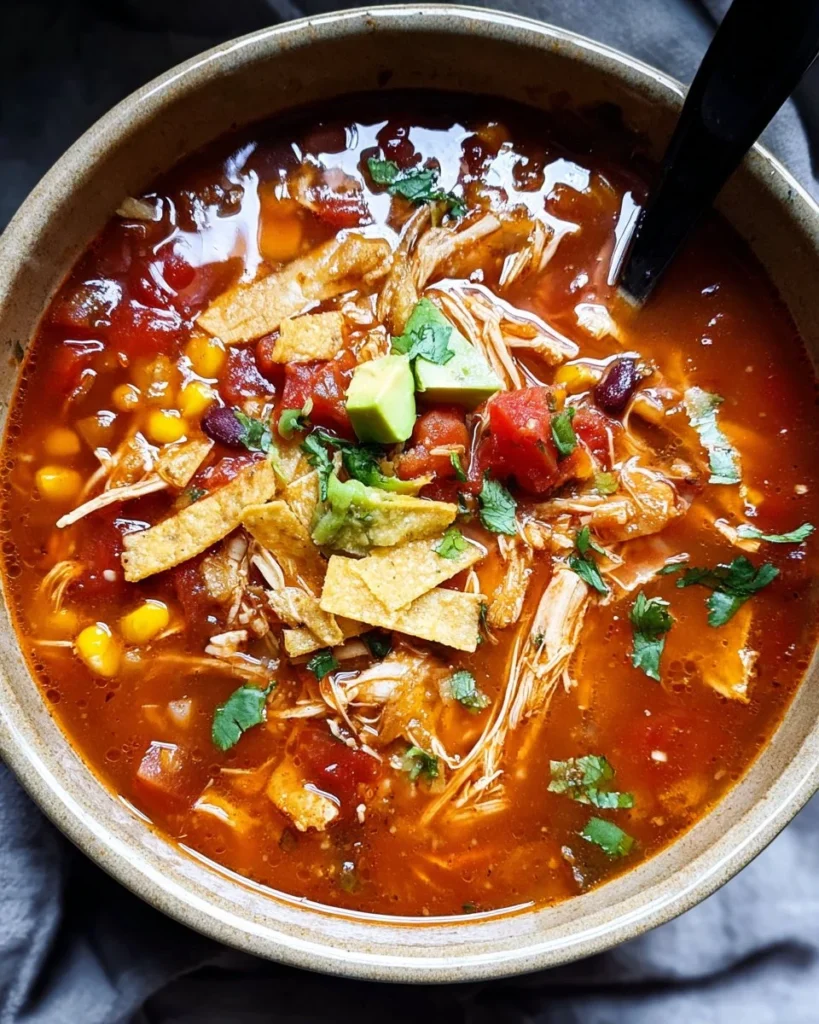 Bowl of Slow Cooker Chicken Tortilla Soup topped with tortilla strips and cilantro