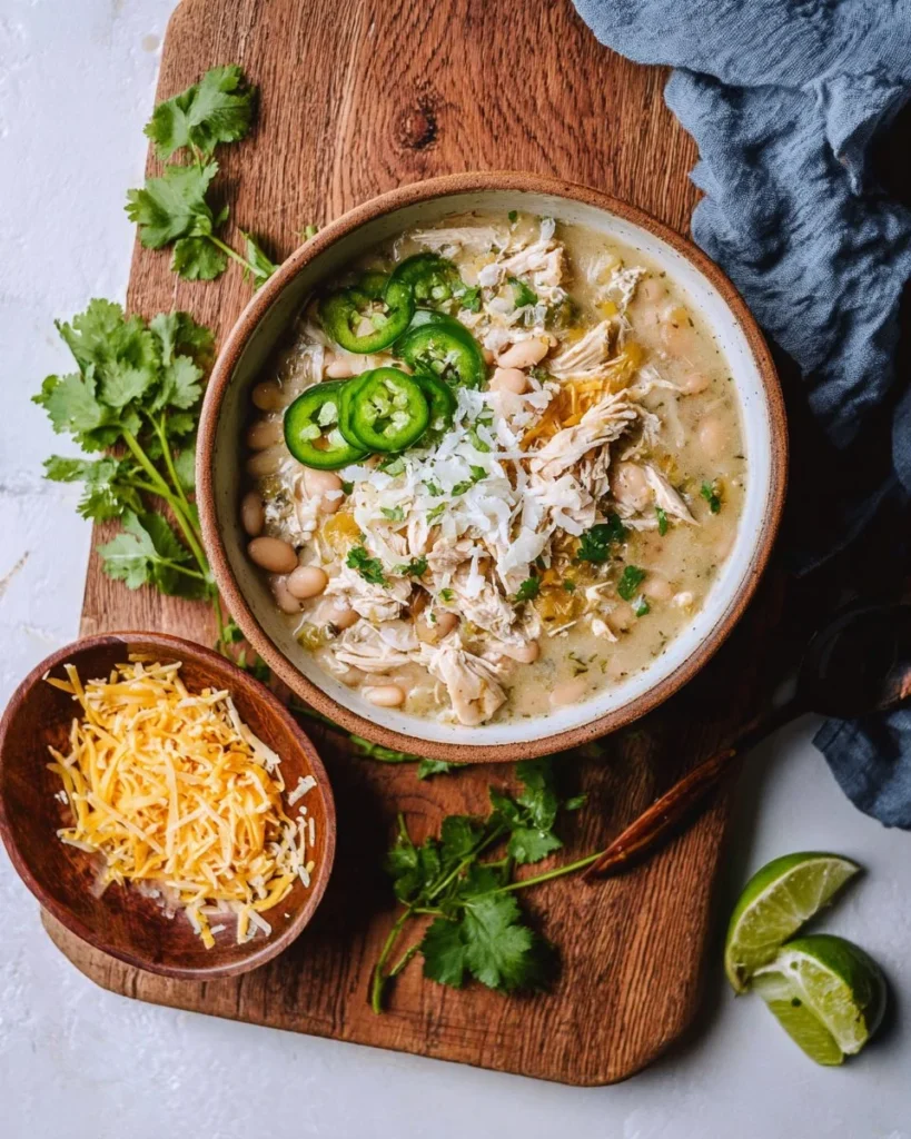 Bowl of Slow Cooker White Chicken Chili topped with cilantro and lime