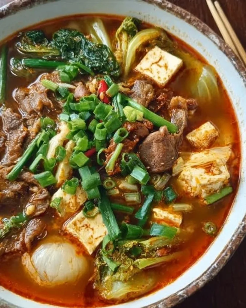 Bowl of Spicy Beef and Tofu Soup with fresh herbs and spices