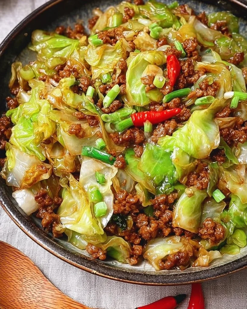 Stir-fried minced pork with cabbage served on a plate