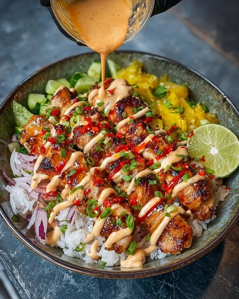 Sweet Chili Chicken Bowl topped with coconut drizzle for a tasty meal