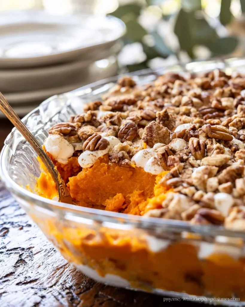 Delicious sweet potato casserole topped with marshmallows and pecans