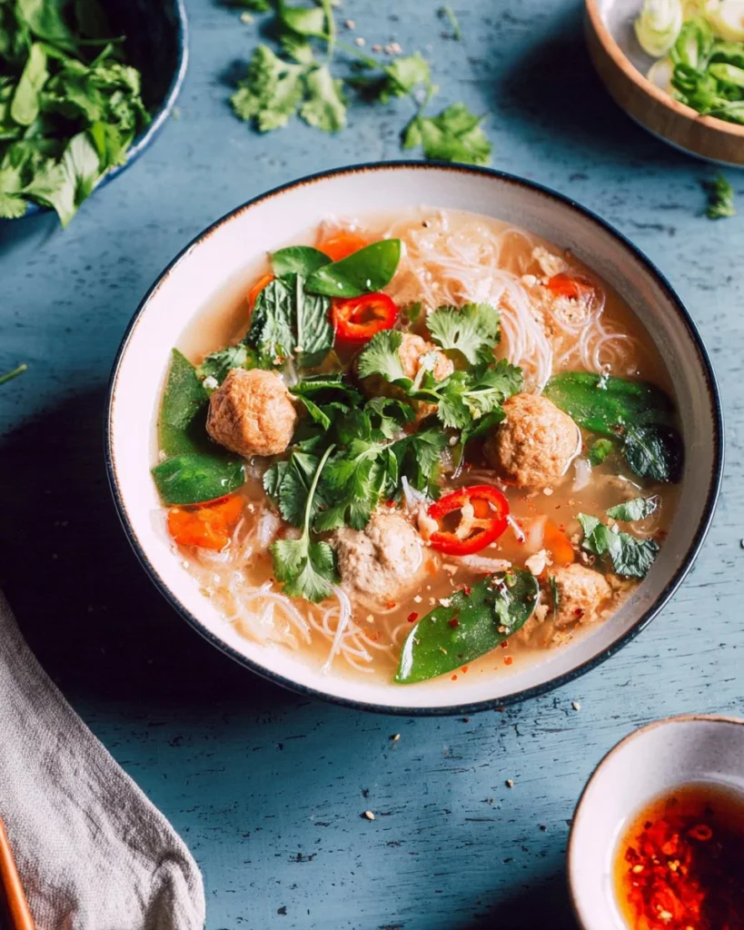 Bowl of Thai Inspired Chicken Meatball Soup garnished with fresh herbs and lime.
