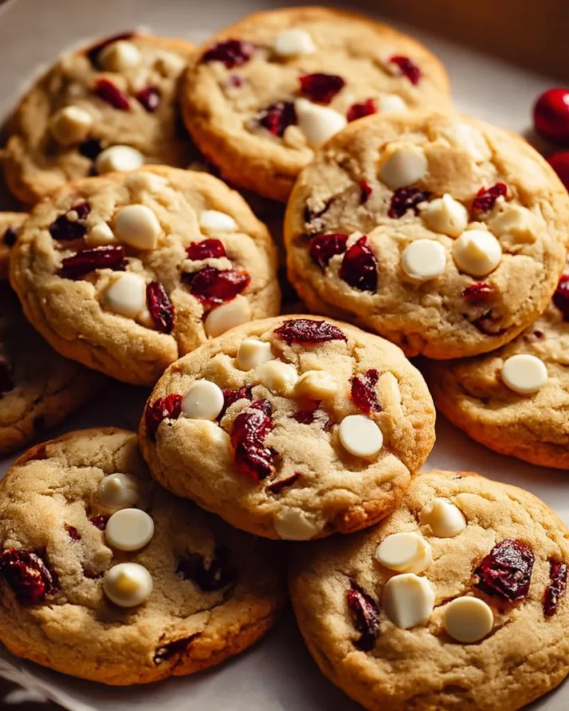 Deliciously baked white chocolate cranberry cookies on a rustic wooden table