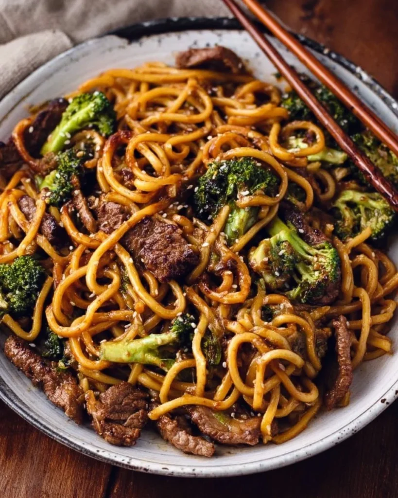 Delicious Beef and Broccoli Lo Mein Noodles served in a bowl