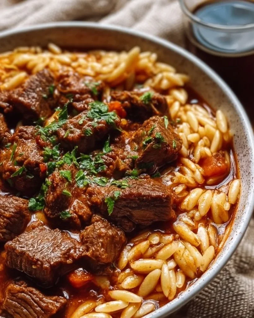Delicious Beef Giouvetsi with tender beef and orzo served in a traditional Greek style