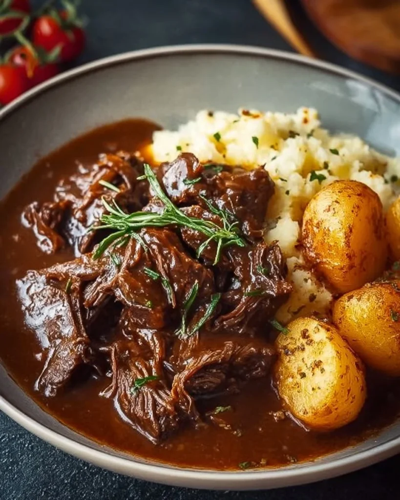 Delicious Beef Manhattan topped with rich gravy and served with vegetables
