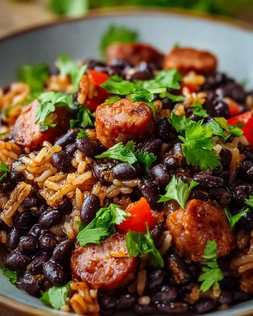 Delicious black beans and rice dish with sausage served in a bowl