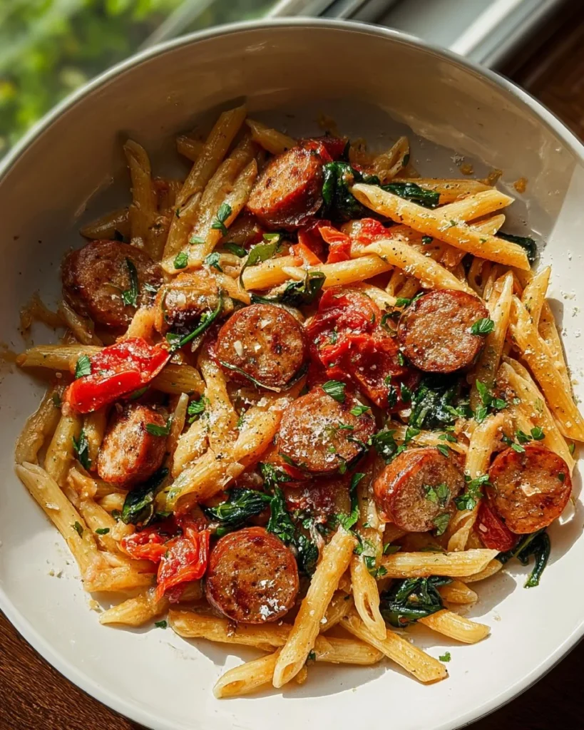 Delicious Cajun Sausage Pasta topped with herbs and spices