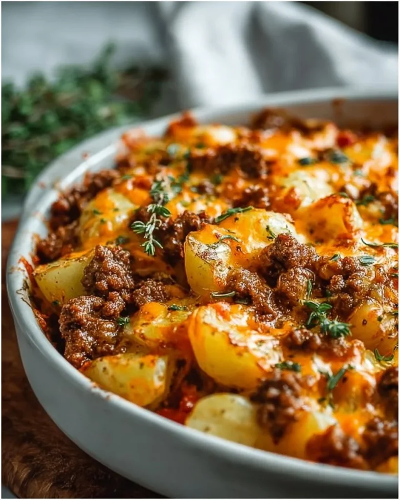 Cheesy Ground Beef and Potato Casserole served in a baking dish