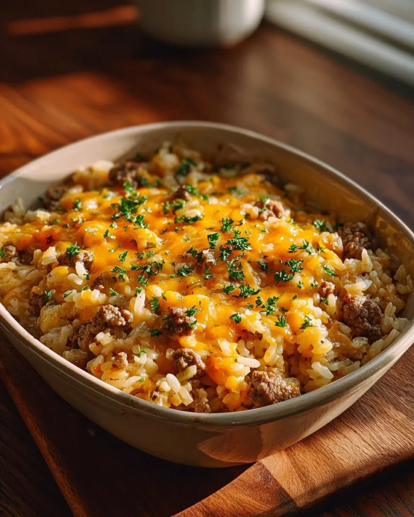 Delicious cheesy hamburger rice casserole served in a baking dish