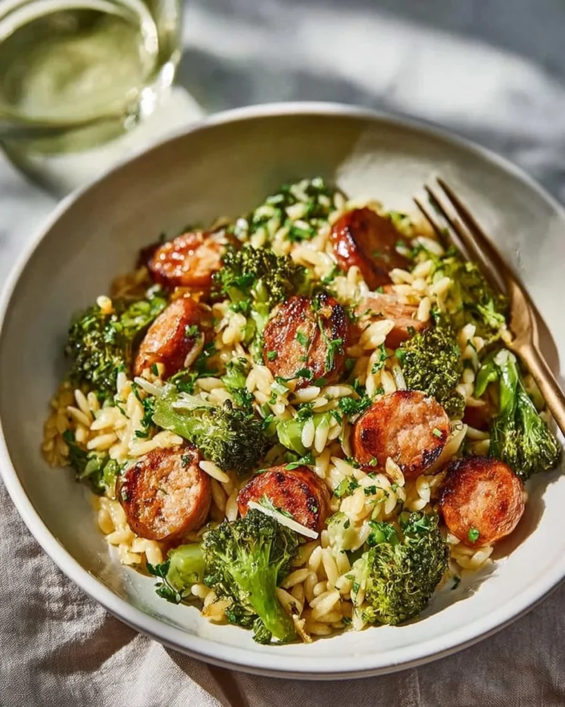 Chicken sausage and broccoli orzo dish garnished with herbs