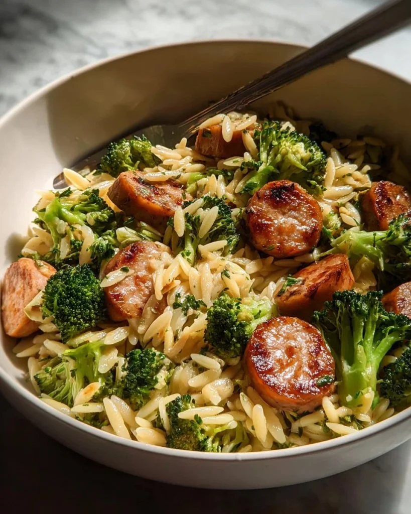 Creamy orzo dish with chicken sausage and broccoli served in a bowl