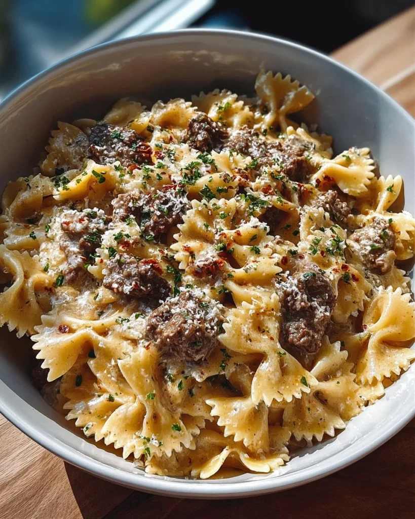 Creamy Parmesan garlic beef bowtie pasta dish served in a bowl