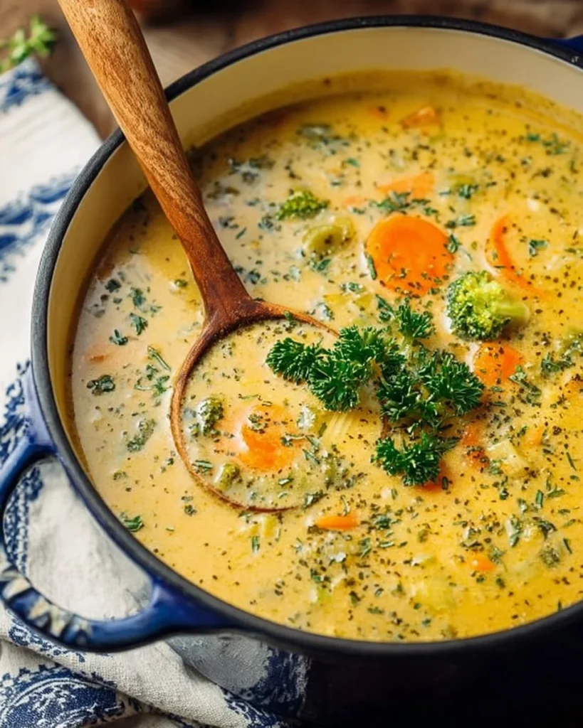 Bowl of creamy vegetable soup garnished with fresh herbs and vegetables