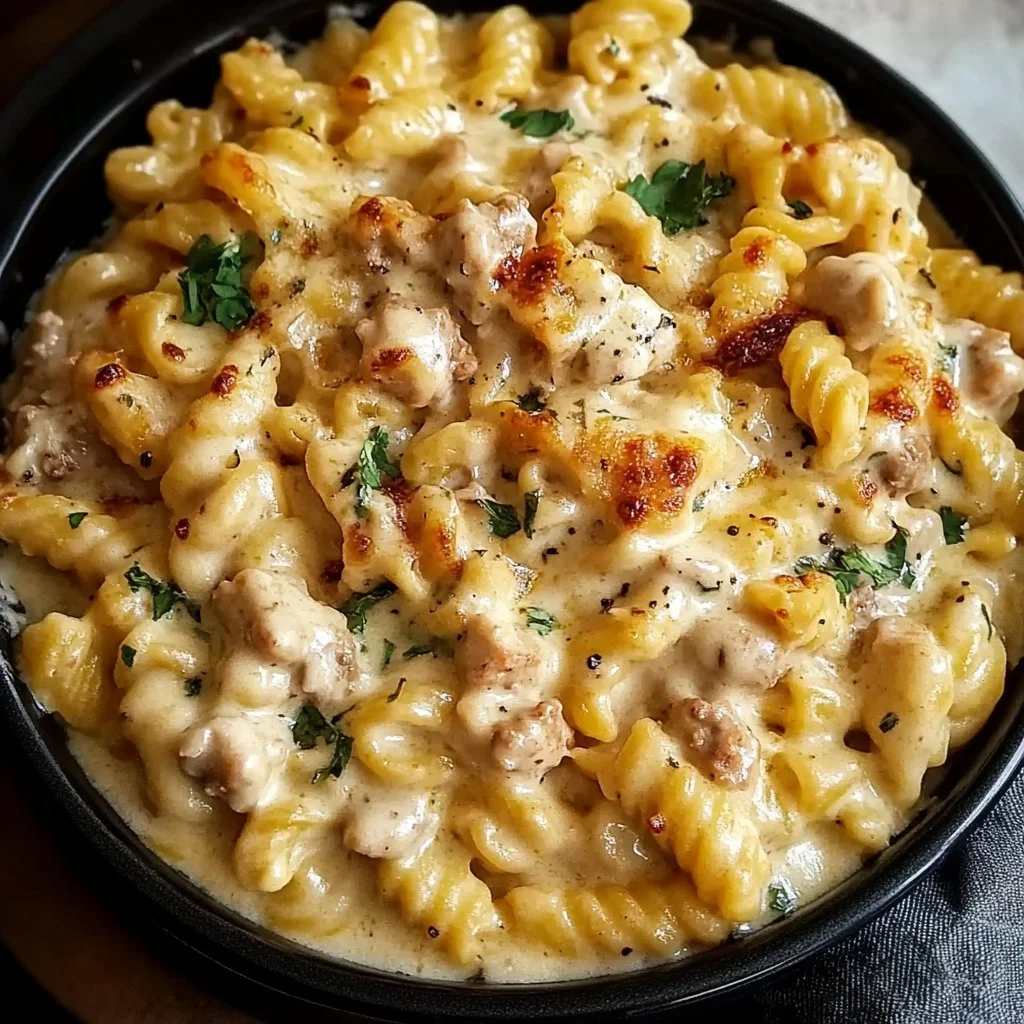 Crockpot Garlic Parmesan Chicken Pasta served in a bowl