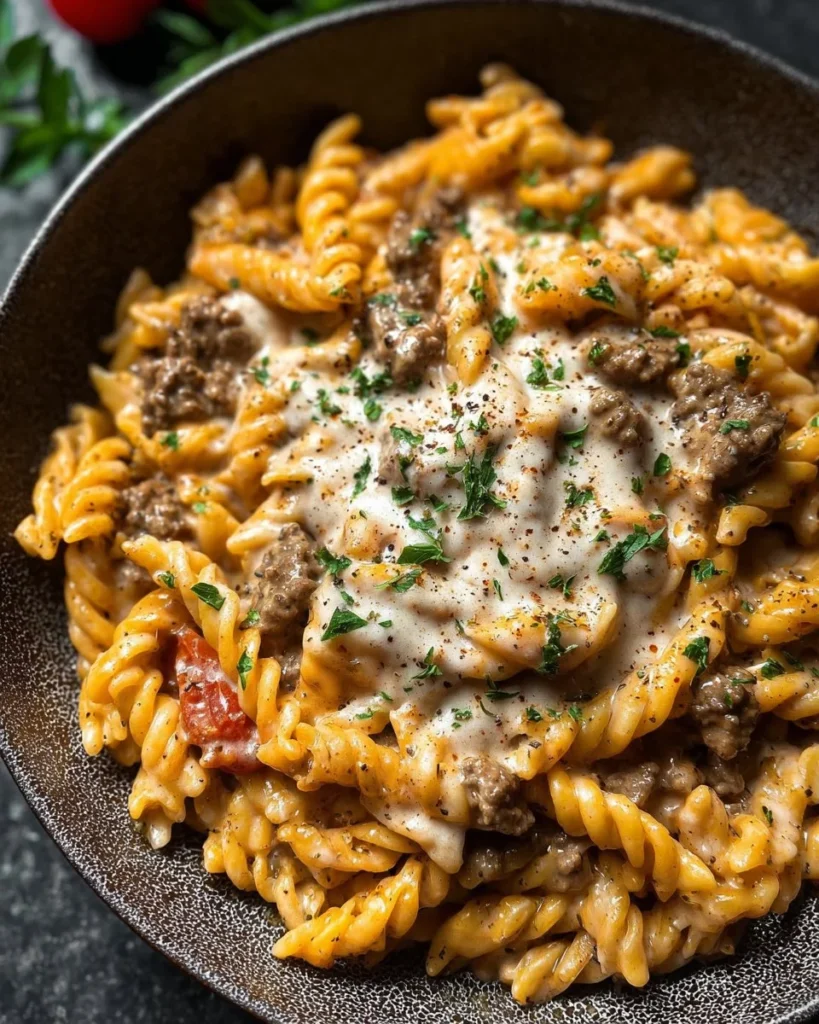 High protein creamy beef pasta served in a bowl with herbs and cheese
