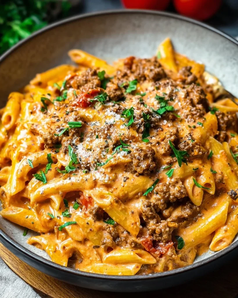 High protein creamy beef pasta dish served in a bowl with fresh herbs