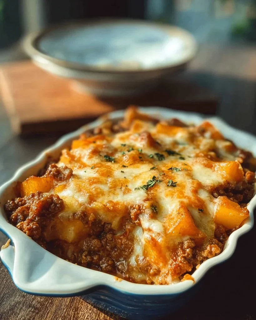 Delicious Hobo Casserole served in a baking dish, featuring ground beef and vegetables.