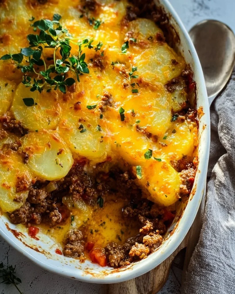 Hobo Casserole with ground beef and potatoes in a baking dish