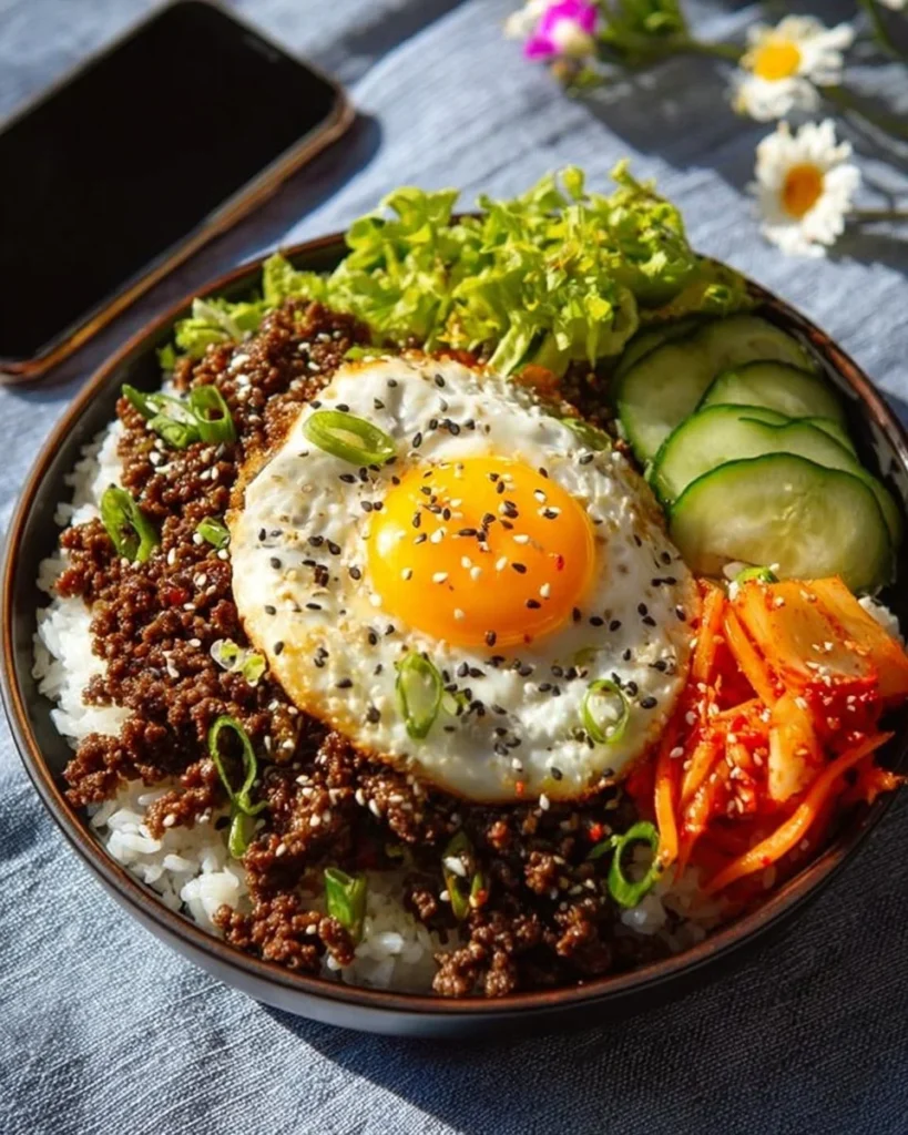 Delicious Korean Ground Beef Bowl garnished with fresh vegetables and rice