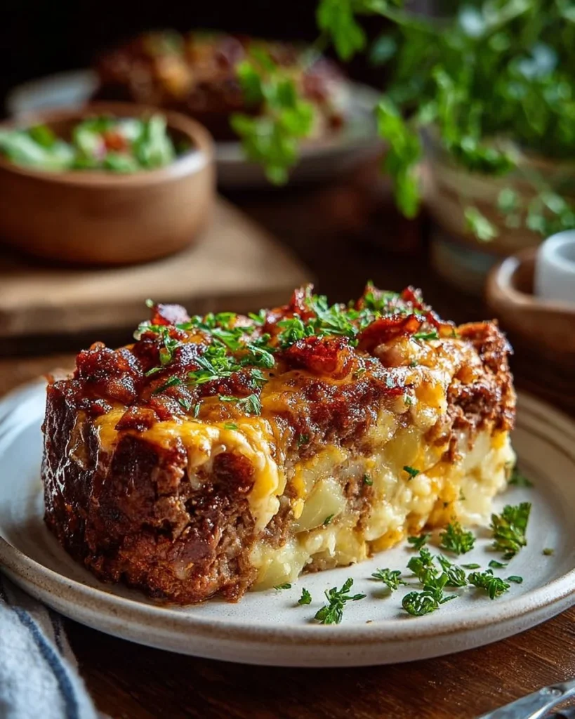 Delicious loaded potato meatloaf served with mashed potatoes and toppings.