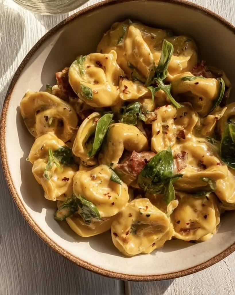A plate of Marry Me Tortellini, elegantly served with fresh herbs and sauce.