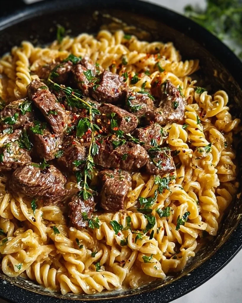 One-Pot Creamy Spicy Garlic Butter Steak Pasta served in a bowl