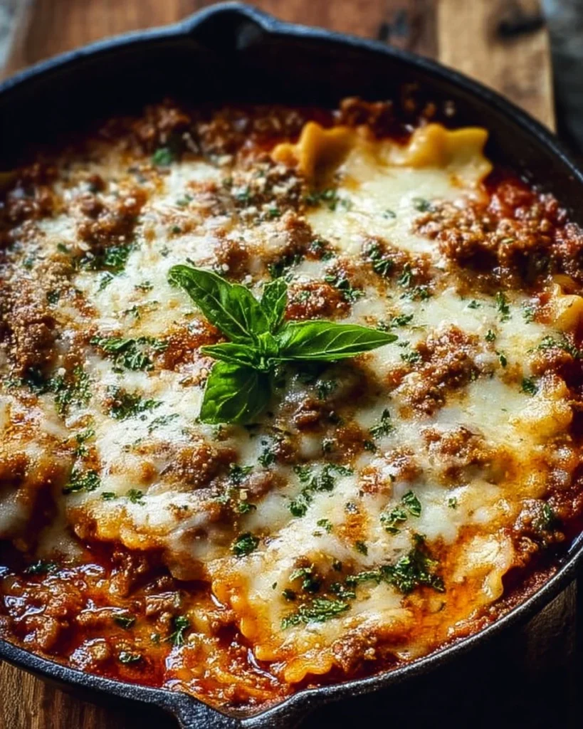 One Pot Skillet Lasagna served in a skillet with cheese and herbs