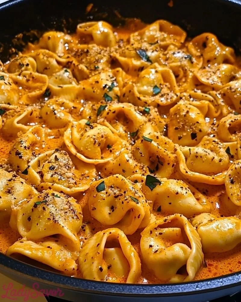 Delicious one-pot spicy garlic butter chicken tortellini dish with fresh ingredients