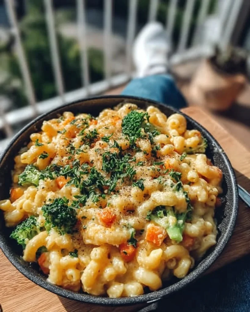 Creamy one pot veggie mac and cheese served with fresh vegetables.
