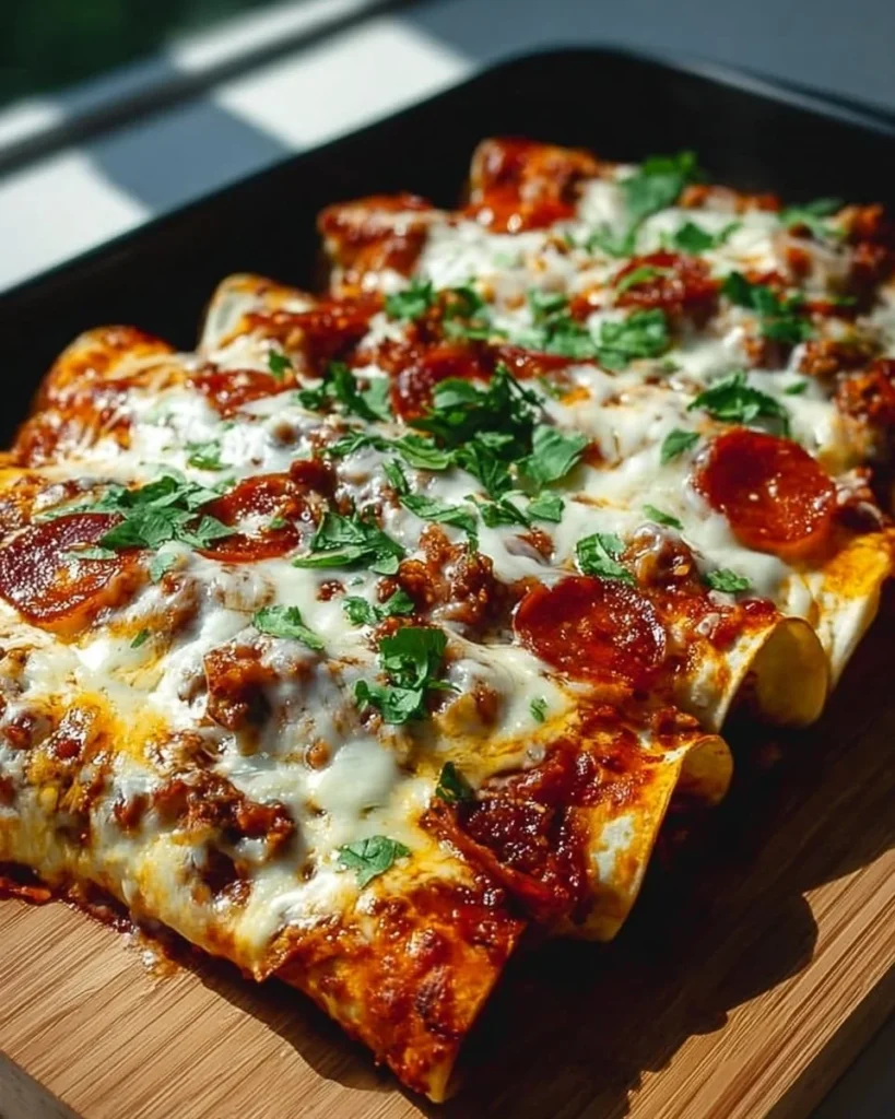 Delicious Pizza Enchiladas topped with cheese and fresh ingredients