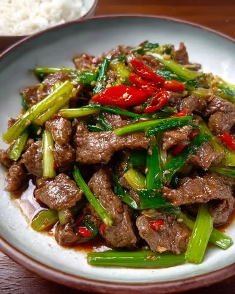 Stir-fried beef with fresh celery served in a vibrant dish
