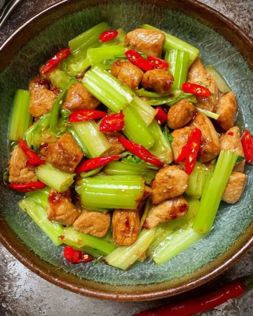 Stir-fried chicken with celery and chili served on a plate