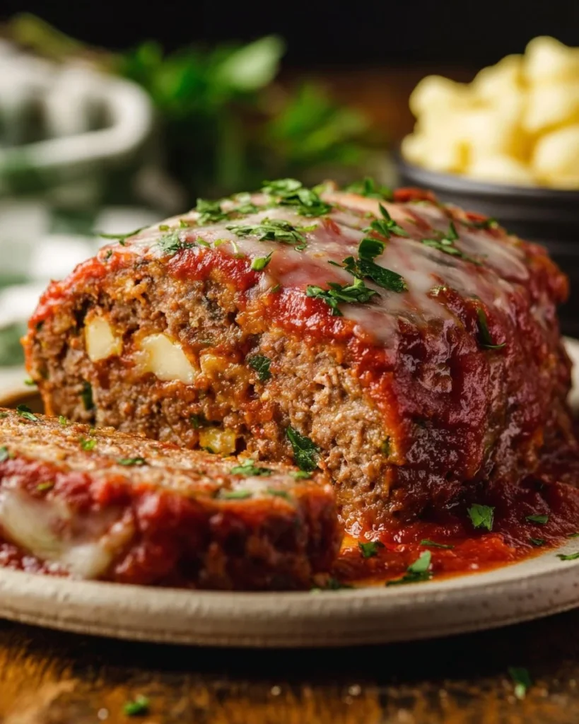 Delicious stuffed Italian meatloaf on a serving platter with herbs.