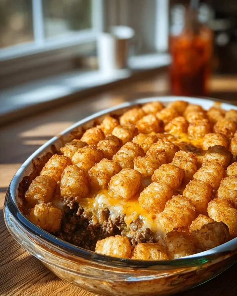 Delicious Tater Tot Casserole with Ground Beef, topped with crispy tater tots.