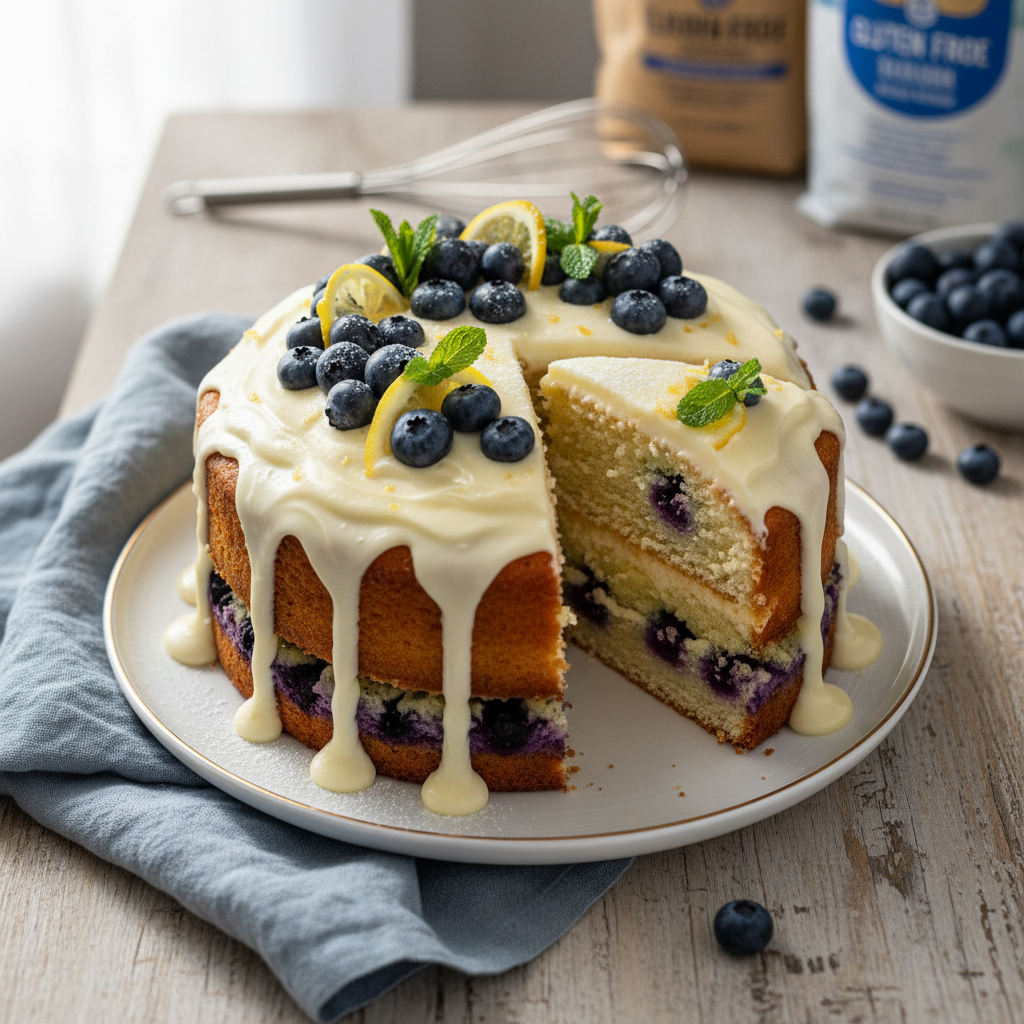 A beautifully decorated, moist ultimate gluten-free cake slice on a plate, ready to be served.
